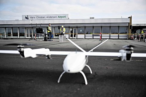 Songbird UAV in front of the Hans Christian Andersen Airport Terminal