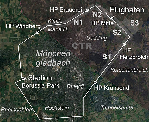 Map with flight path and zones for SkyCab drone operation
